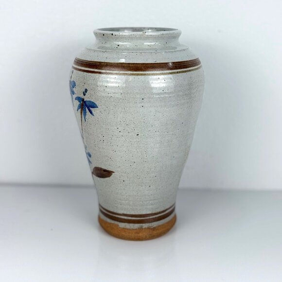 Handcrafted Gray Ceramic Vase Blue Iris Floral Design Brown Accents 9.5" #'d - Picture 3 of 7